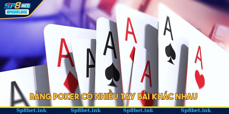 Bảng Poker có nhiều tay bài khác nhau